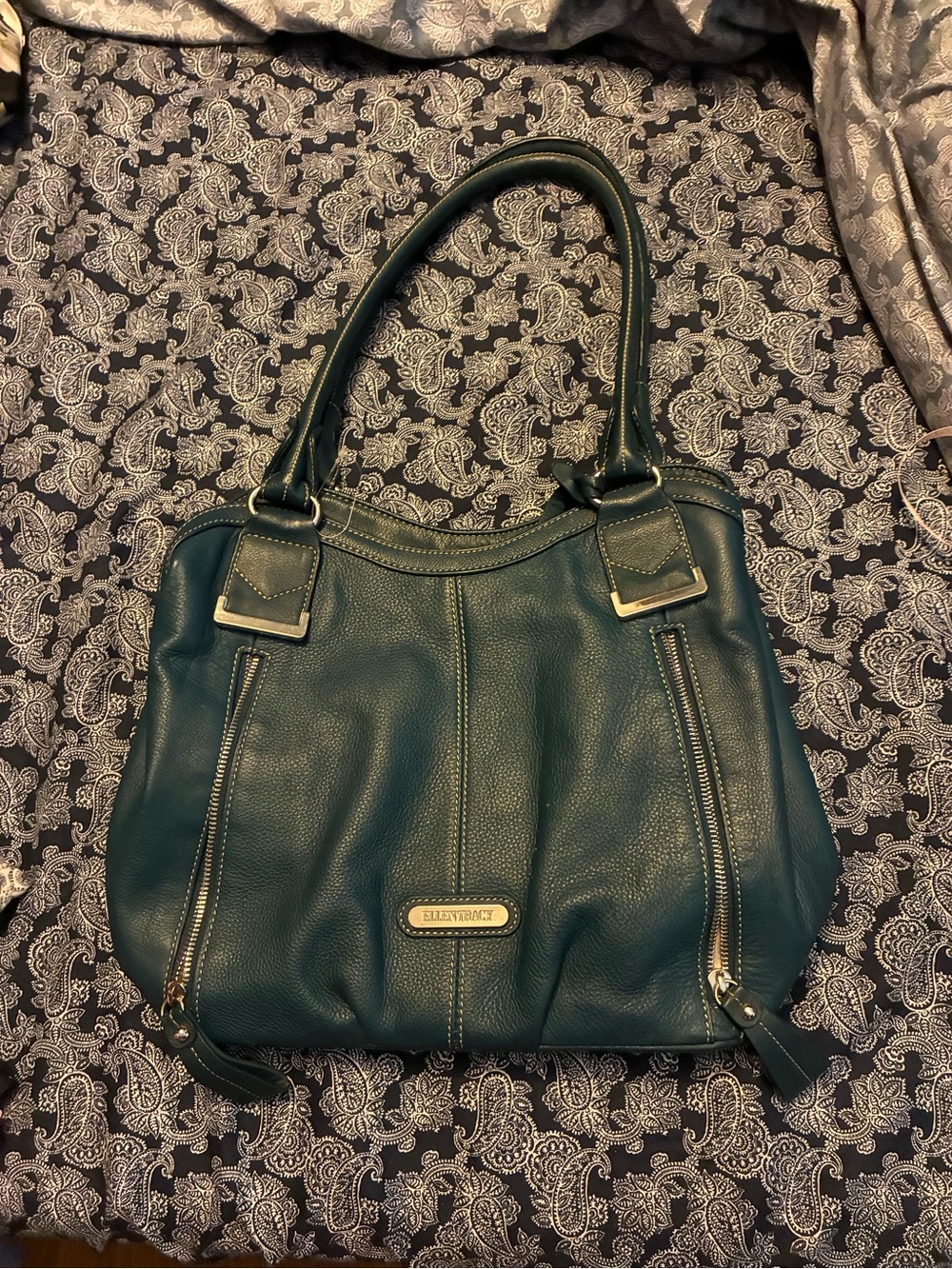 Ellen Tracy Teal Leather Shoulder Bag with Gold-Tone Accents